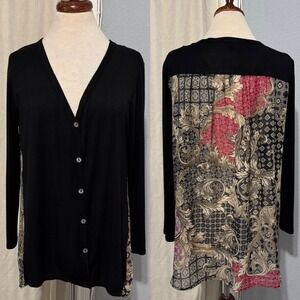 Monroe & Main Black Mixed Media Baroque Print Back Button Cardigan L Made in USA